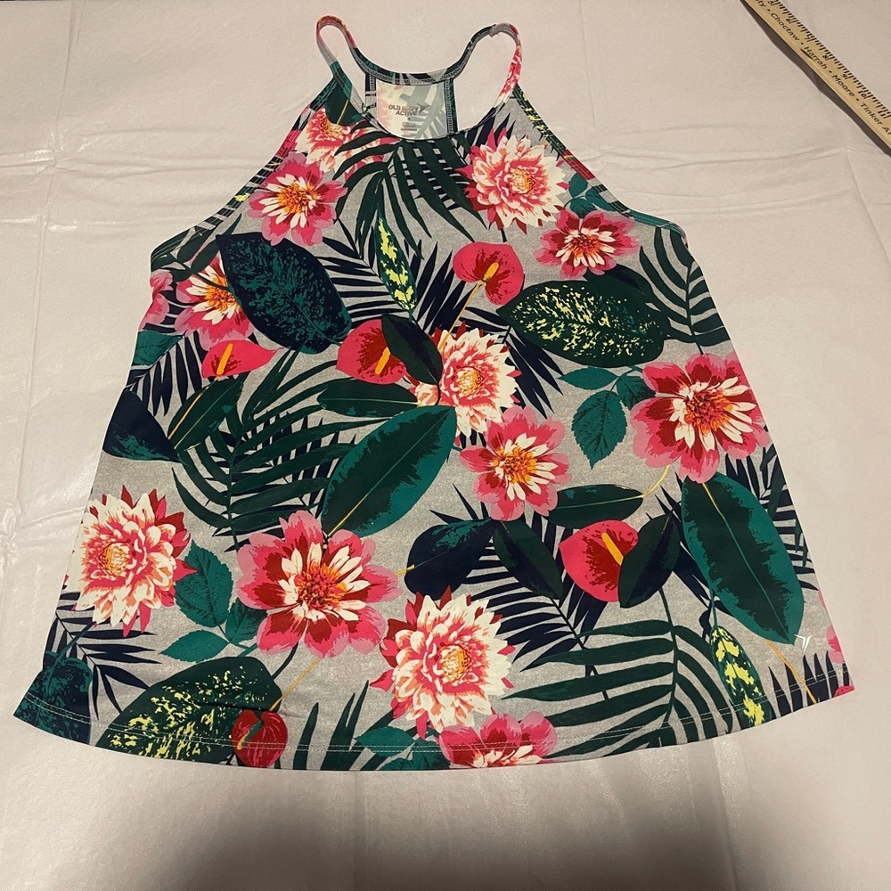 Old Navy Active Go-Dry Floral Racerback Tank Top Gray Pink Tropical med vacay